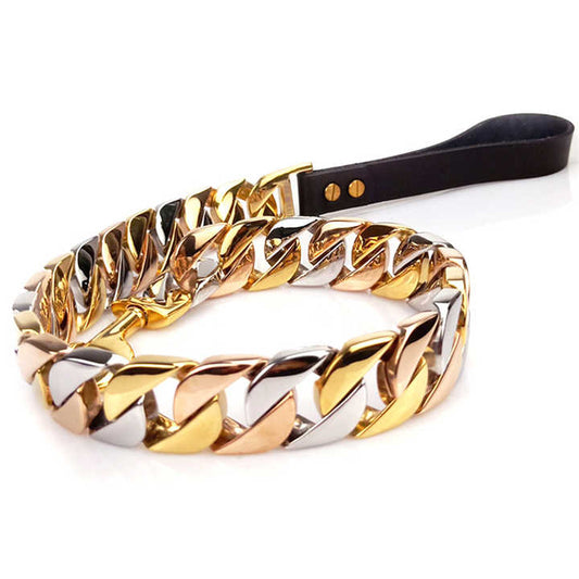 3 Toned Lux Stainless Steel Thick Cuban Link “Dog Leash”